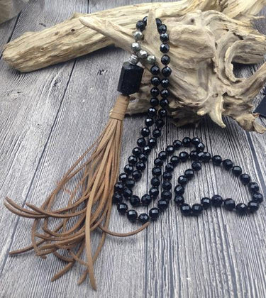 Black Tourmaline Pendant & Bead & Leather Tassel PROTECTION Necklace